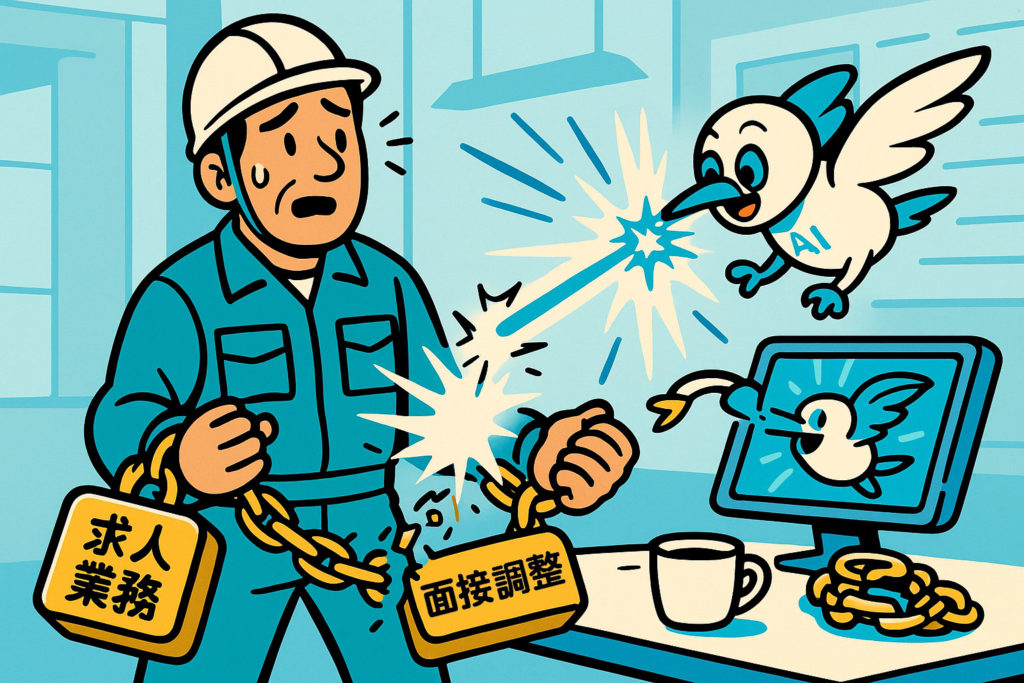 重い採用業務の鎖からAIが社長を解放するイメージ