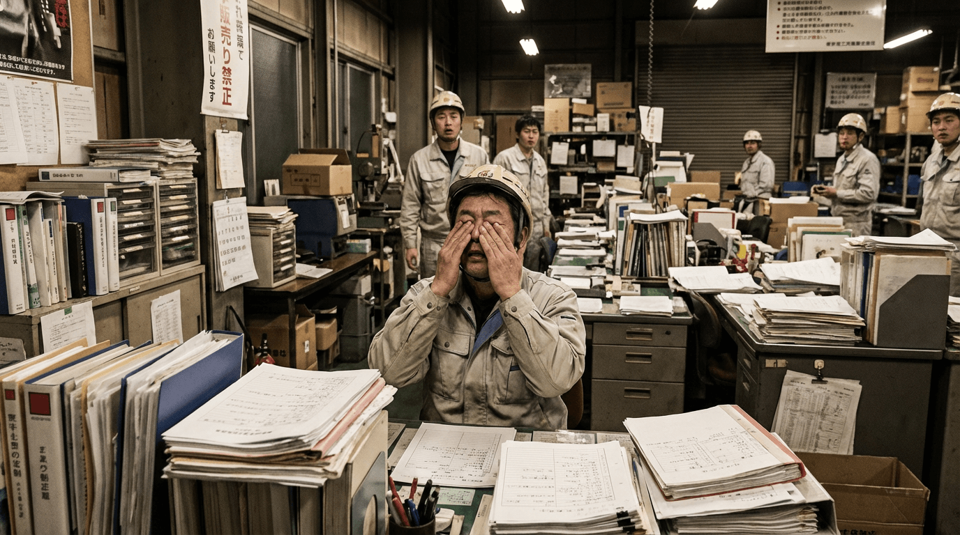 書類が散乱、付箋だらけ、ストレスを抱える日本人経営者、混沌とした作業場